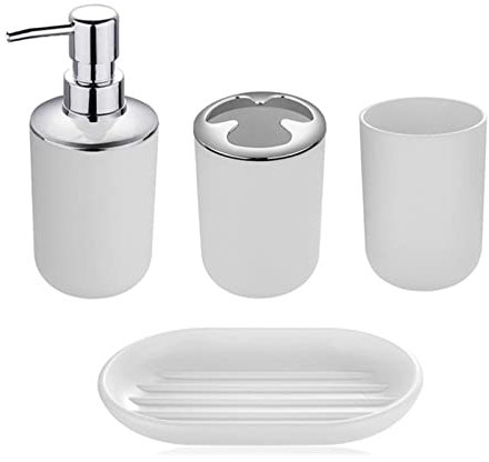 Hosoncovy 4 Pieces Bathroom Accessory Set with Soap Dispenser, Bathroom Cup, Soap Dish ，Toothbrush and Toothpaste Holder (White)