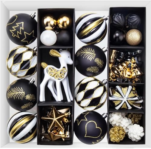 SVNVIOZ 59 Stück Weihnachtskugeln Schwarz Gold Weiß, Christbaumkugeln Kunststoff Deko Weihnachten, Bruchsicher Weihnachtsbaumschmuck mit Aufhänger, Weihnachtsbaumkugeln für Weihnachtsdeko Innen Aussen
