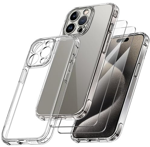 Qasyfanc Funda Compatible con iPhone 15 Pro MAX, Carcasa Silicona PC con Protección de La Cámara y 2 Protector Pantalla, TPU Protección Militar Anti-Choque, Anti-Arañazos Caso, Transparent