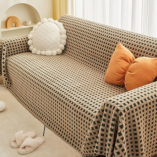 Homxi Sofabezug 4 Sitzer Big Sofa,180x340CM,Couch Überzug Quadratisches Muster Sofaüberwurf Plüsch Sofa Handtuch Braun Grün Couch Überzug