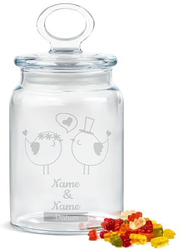 PR Print Royal Personalisierte Keksdose aus Glas mit Gravur zur Hochzeit - 800 ml - Vögel mit Namen und Datum als Geschenk zur Hochzeit | Personalisiertes Geschenk Ideen Hochzeitsgeschenk