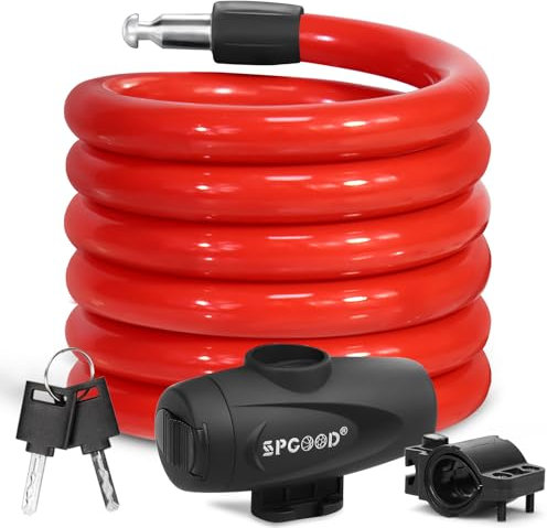 SPGOOD Bike Lock 1200mm/12mm with 2 Keys,Steel Cycling Bicycle Lock High Security with Mounting Bracket,Lightweight Coiling Cable Lock for Bike,Scooter,Skateboard,Gate,Door (A-Red)
