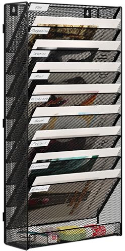 EasyPAG 10 Fächer Zusammensetzen Metall A4 Zeitschriftenhalter Wand Zeitschriften Wandhalter Aktenablage Dokumentenhalter Hängend Magazin Organizer Flyerständer Prospektspender,Schwarz