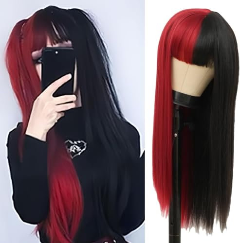 Halb Rote Halb Schwarze Perücke für Frauen Lange Gerade Goth Natürliche Synthetische Perücke mit Bangs für Halloween Party Kostüm Haar Perücke (Rot)