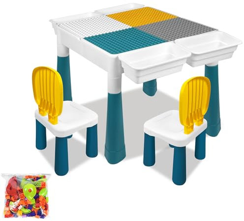 TATIVALO 6-in-1 Kindertisch mit 2 Stühle, Kinder Spieltisch mit 163 Bausteinen, Doppelseitiger Tischplatte, Multifunktionaler Aktivitätstisch Sandtisch, Basteltisch
