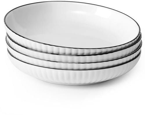 NUTRIUPS 20cm Assiettes à Pâtes Set of 4, 600ML Petits Bols à Pâtes, Assiettes à Pâtes en Céramique, Bols à Pâtes Blancs pour la Cuisine - Résiste au Micro-ondes et au Lave-Vaisselle