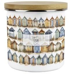 Purely Home Beach Huts Tea Storage Canister - Seaside Beach Coastal Gift - Metal Enamel Hot Drinks Storage Container