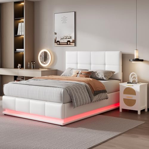 Merax Upholstered Bed Frame with Hydraulic Lift, 4FT6 Double Bed Frame with Slatted Frame and Storage Space, Functional Ottoman Bed, 16 Colors LED Lighting, Elegant PU Finish, White, 135x190cm