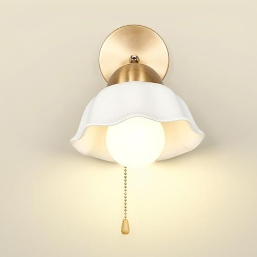 Applique murale en laiton avec interrupteur à tirette 350 ° + 180 ° Lampe murale rotative en céramique, lampes de chevet de chambre à coucher pour luminaire d'intérieur de salon de chambre à