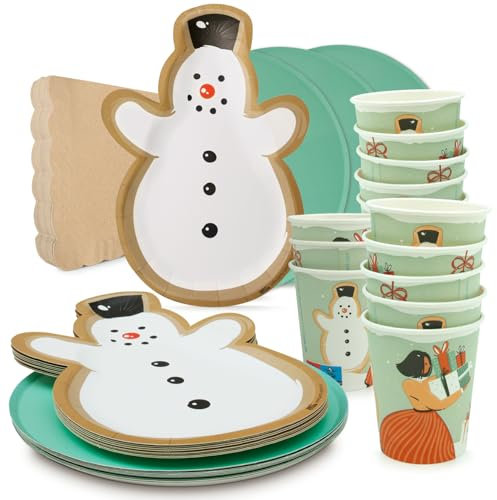 PARTY PARTY 64 Teile Weihnachten Party Set, PARTYGESCHIRR Partybecher, Pappteller, Servietten, Schneemann Partyteller, Nikolaus Winter Geburtstag Deko Jungen Mädchen (Grün)