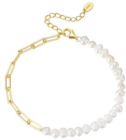 Bellitia Jewelry Perlenarmband aus Süßwasser-Zuchtperlen aus weißem Barock, 925 Sterling Silber Armband für Frauen