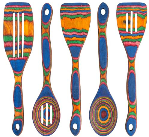 Juego de 5 utensilios de cocina de madera, cucharas de madera para cocinar, utensilios de madera Pakka para cocinar y servir, agarre cómodo y antiadherente (arcoíris azul)