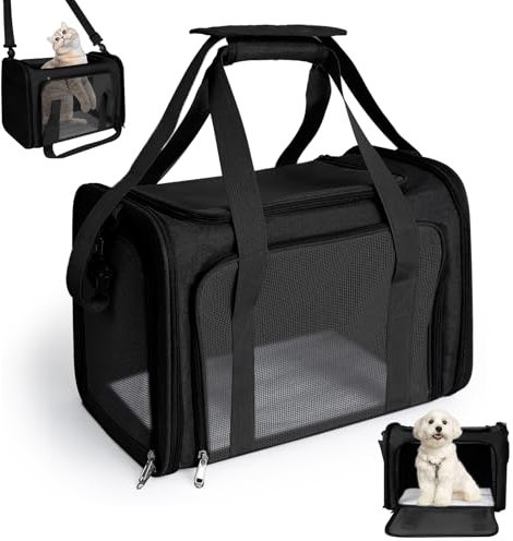 AiQInu Transporttasche Katze Hund, Faltbare Katzenrucksack mit Einstellbar Schultergurt, Hundebox Katzen Transportboxen Tragfähigkeit 3-6kg, für Mittel Kleine Hund Katze Haustiere im Flugzeug, Schwarz