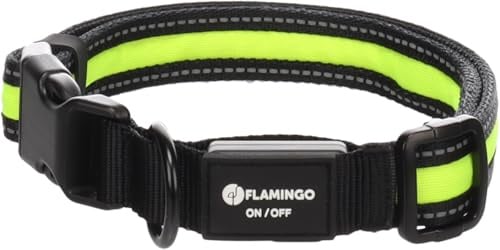 Halsband Hund - hundehalsband - Flamingo Flitzy Nylon mit LED Schwarz & Gelb L | 42-63cm x 25mm x 5mm