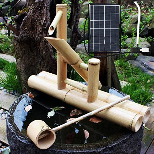 GLJTUO Fontaines À Eau Extérieures À Énergie Solaire, Fontaine De Décoration De Jardin Zen Intérieure Ou Extérieure, Fontaine À Eau en Bambou avec Pompe Solaire, Panneau So,