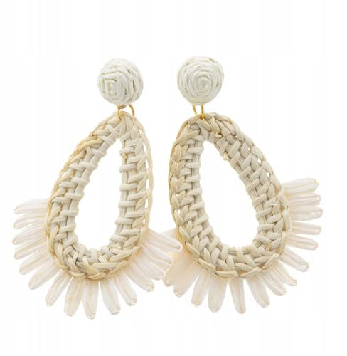 Boho Ohrringe Damen Natur – Handgefertigte Rattan Ohrhänger in Tropfenform – Sommer Schmuck aus Bast & Stroh – Leichte Statement Ohrringe im Ethno Stil – Ideal für Urlaub (Hell Beige)