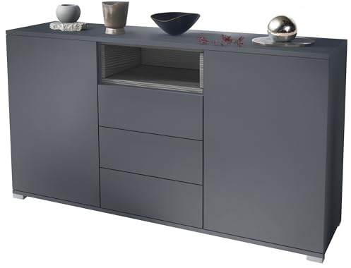 Vladon Skadu V2 Sideboard, Kommode mit 2 Türen, 3 Schubladen und 1 offenem Fach, Anthrazit matt/Avola-Anthrazit (138,5 x 75,5 x 35 cm)