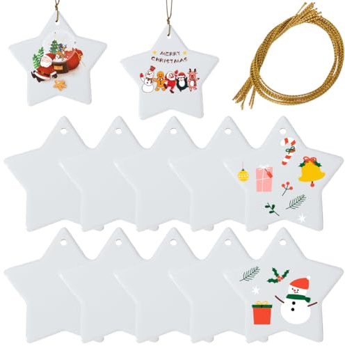 SOFPLATE 12Pcs Ceramic Star Ornaments Blank Sublimation Ornaments with Jute Cords White Porcelain Heat Transfer Personalized Hanging Pendants Tag Signs for Christmas Tree Wedding DIY Craft Decoration