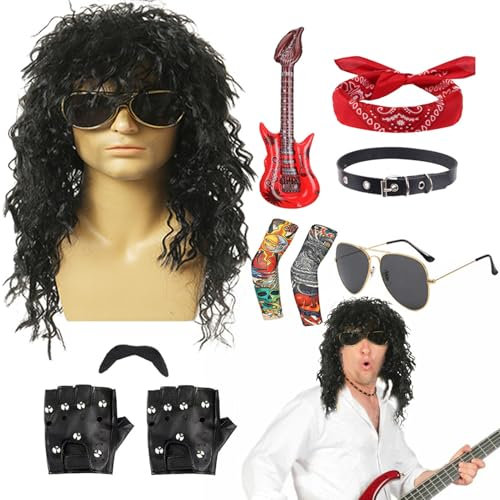 Rocker Kostüm - Halloween Kostümset, Punk -Kleidungskit | 10pcs Metal Rock -Outfit Perücke Sonnenbrille Handschuhe Bartgitarren -Requisiten Mit Stirnband Und Ärmeln Für Männer Maskerade Party Oder Kon