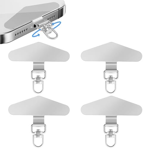 MAJOYLIFE 4 Stück Handykette Halterung, Handy Band Universalpads 360° Drehbarer, 0,3mm Edelstahl Phone Lanyard Patches für die Meisten Handyhülle (4 Silber)