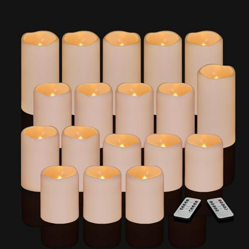 Aku Tonpa 18 Pack Ivory Flameless Candles Set 4 5 6 Outdoor Indoor Pillars 3 Diameter Battery Operated Flickering Candles Include 10-Key Remote Timer Function 400+ Hours
