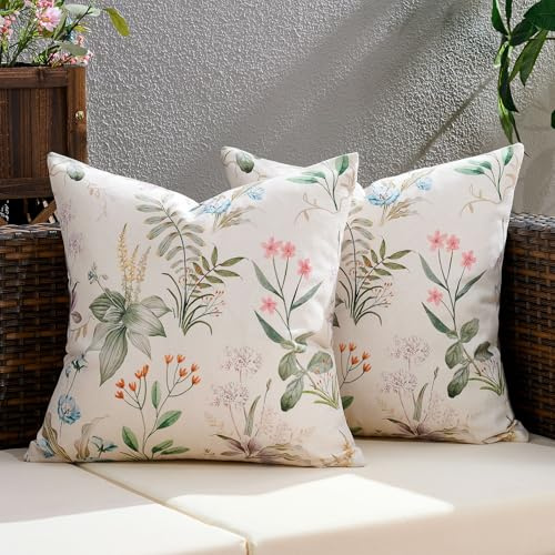 Kissenbezug Outdoor 50x50 Grün Kissenbezüge Sitzkissenbezug Outdoor Wasserfest 50 x 50 cm 2er Set, Bunte Balkon Sommer Deko Wetterfest Blumen Design, Mehrfarbig, Grün Pflanzenblätter