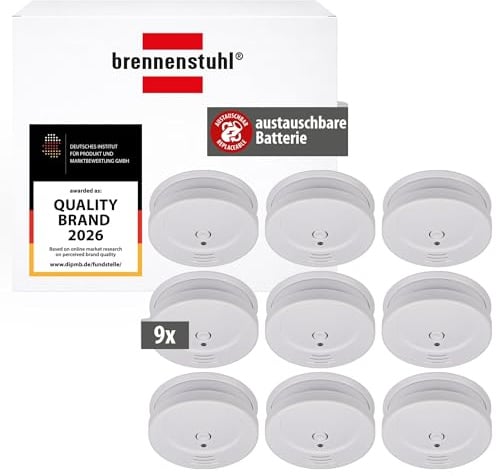 Brennenstuhl Rauchmelder Set, 9X RM C 9010 mit austauschbarer Batterie | geprüft nach EN 14604, durchdringendes Alarmsignal, weiß