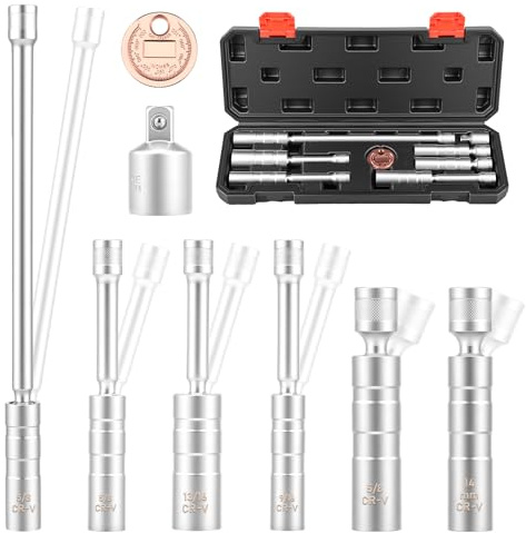8 Pcs Magnetic Spark Plug Socket Set 9/16 5/8 13/16 14mm 3/8 Adapter and Gap Gauge CR-V Spark Plug Socket for Mechanic