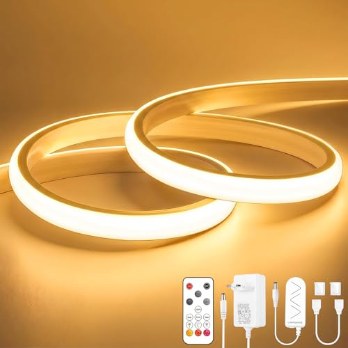OYKYOHEI COB LED Streifen, Warmweiss Dimmbar Lichtband mit Fernbedienung,5m | Selbstklebend, Schneidbar, Silikon, Flexibel, Wasserdicht, 3000K, 10mm Breit, 24V Neon Strip für Schlafzimmer, CRI90+