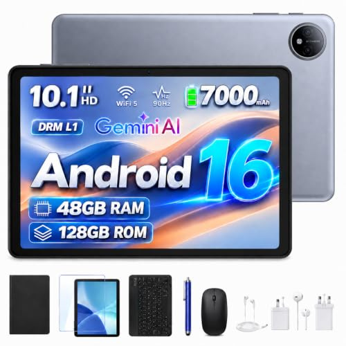 Luzglo P10 Android 16 Tablet 10 Pollici, 48GB RAM+128GB ROM/2TB TF, Gemini AI, 90Hz, 7000mAh, WiFi 5, Face ID, OTG, Jack 3,5 mm, Widevine L1, Tablet con Tastiera e Penna, Grigio