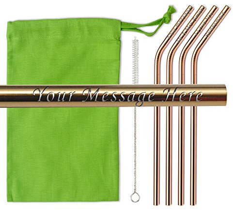 Personalised Engraved Rose Gold Metal Straws x 4 Angled Stainless Steel Re-usable and Dishwasher Safe Comes with Cleaning Brush and Gift Bag UK Supplied