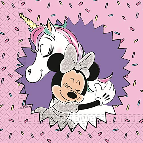 Procos 10067767 90330 - Servietten Disney Minnie Mouse, 20 Stück, Größe 33 x 33 cm, mit Einhorn, Papierservietten mit Motiv, Mickey, Unicorn, Tischdekoration, Mundtuch, Lila, Rosa