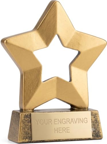 TROPHIESPLUSMEDALS Personalised Mini Stars Award Trophy, Gold, 8cm | Resin star trophy with detailed design and free engraving on personalised plate, ideal for kids' and adult awards.