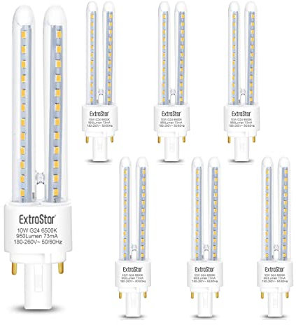 EXTRASTAR 2 Pines Bombillas LED PLC Tubo 2U,10W, Maiz G24, 950Lm, Luz Fría 6500K, No regulable, Pack de 6