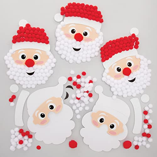 Baker Ross FE891 Weihnachtsman Pom Pom Bastelset - 5er Pack, Selbstklebende Karte mit farbigen PomPoms zum Basteln für Kinder, Weihnachtsbastelaktivitäten