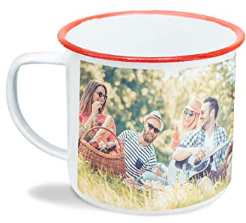 Made in Gift Taza Enamel Personalizada con Foto de Acero Inoxidable con Borde de Color y Efecto Envejecido 79mm x 89mm (Rojo)