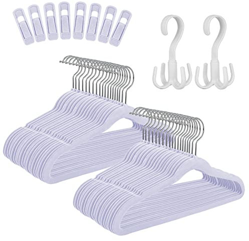 Tinfol Lila Kinder Samt Kleiderbügel 60pack, 35cm Anti-Rutsch-Kleiderbügel mit 8 Samtbügel-Clips und 2 Haken, platzsparende, ultradünne, niedliche Kleiderbügel für Kinderhemd, Kleid, Hose