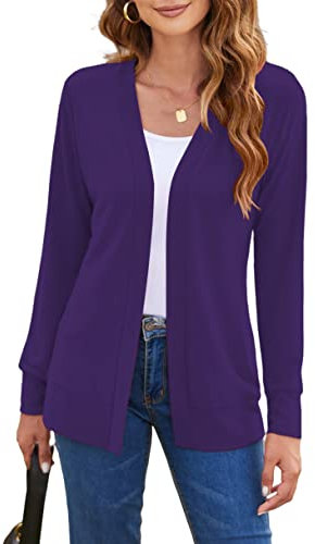 Cardigan a maniche lunghe leggero da donna, casual, morbido, aperto sul davanti, lavorato a maglia, Viola, S
