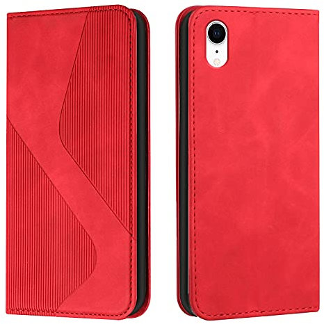 Mo-Somnus iPhone XR Flip Case, Shockproof PU Leather Wallet Case with Card Holder, Folding Stand, Magnetic Protect Cover (6.1 Inch) - Red