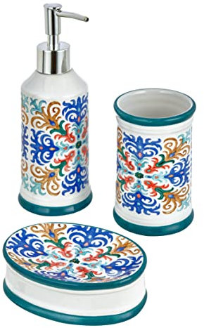 Baroni Home Ensemble d'Accessoires de Salle de Bain 3 Pièces en Céramique Peint à la Main, Kit avec Distributeur de Savon Liquide, Gobelet et Porte-Savon, Fantaisie Capri