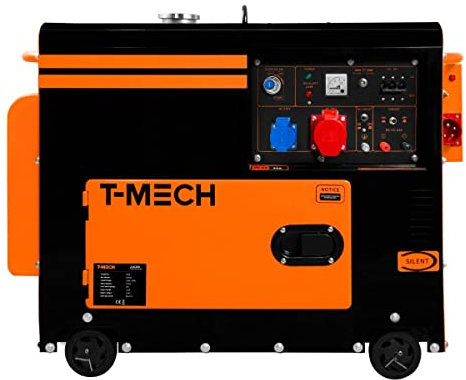 Generatore Diesel Silenzioso Trifase ATS 6.5kVA 6500W 13HP 230V 400V Avvio Elettrico Telaio Chiuso Potenza di Emergenza 4 Ruote Acciaio Verniciato a Polvere Nera 20L Capacità Kit Attrezzi & Imbuto