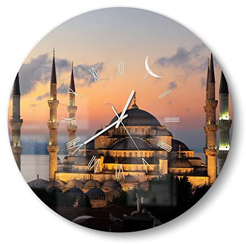 DEQORI Glasuhr | rund Ø 50 cm | Motiv Mondsichel über Moschee | große XXL Design Uhr aus Glas | leise Wanduhr für Wohnzimmer & Küche | Moderne Hingucker Uhr für die Wand