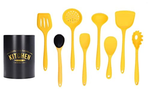 HERCHR Lot De 9 Ustensiles De Cuisine en Silicone, Ustensiles De Cuisine Jaunes Résistants à la Chaleur Spatule Cuillère Brosse Outils De Cuisine pour Ustensiles De Cuisine Antiadhésifs