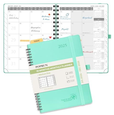 POPRUN Kalender 2025 Monatsplaner A5 (Jul.2024 - Dez.2025) - 18 Monate Monatskalender Ringbuch 22 x 16,5 cm - 1 Monat 4 Seiten, Softcover mit PU-Leder, 100 GSM Papier - Mintgrün