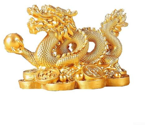 Estatua de dragón Feng Shui, estatua de dragón chino, estatua de dragón Feng Shui en monedas de dinero, adorno de dragón de dinero de Año Nuevo Lunar 2024 para decoración del hogar de oficina (dorado)