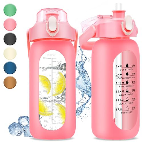 Botella de agua de vidrio de 32 onzas con marcador de tiempo, botellas de agua motivacionales deportivas grandes de 1000 ml con asa y funda de silicona, botella de 1 litro a prueba de fugas para