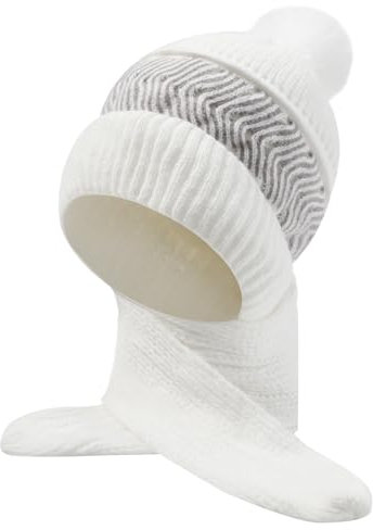 vislivin Winter Kapuzenschal Mütze Damen Strickmütze Schal 2 in 1 Warmer Set Mützenschal Integrierter Gehörschutz Winddichte Mützen White