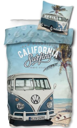 SkyBrands Volkswagen Bettwäsche VW Bulli T1 California Surfing Blau Renforcé Strand Meer Palmen Sommer Oldtimer, Größe:135 cm x 200 cm