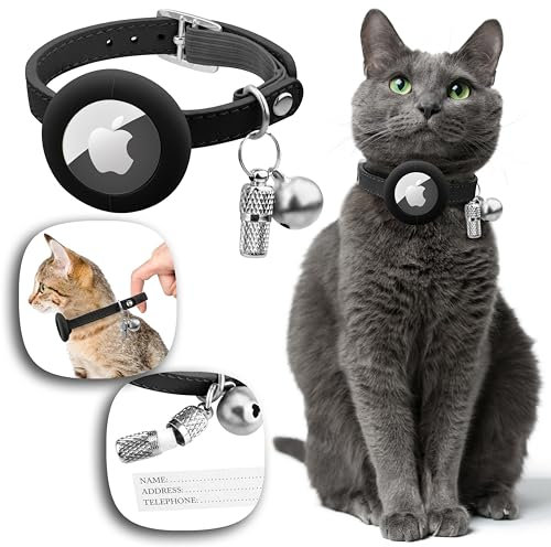 Collier AirTag en Cuir pour Chat - Sécurisé avec Clochette, Traceur GPS, Nom et Élastique - Sans ABO 21Sch