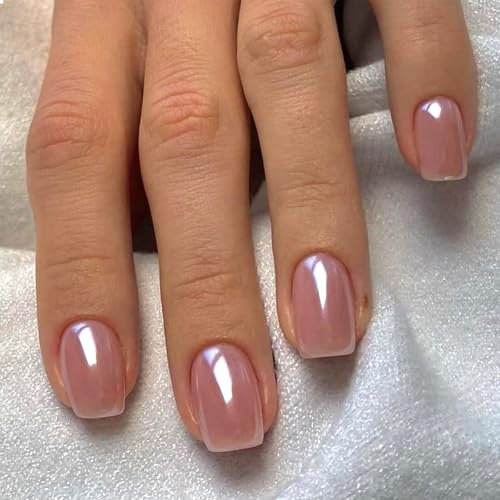 Nayyana 24 pcs. ongles artificiels courts et carrés à appliquer, ongles acryliques avec poudre de chrome réfléchissante et design bling, ongles artificiels brillants à appliquer pour tous les jours